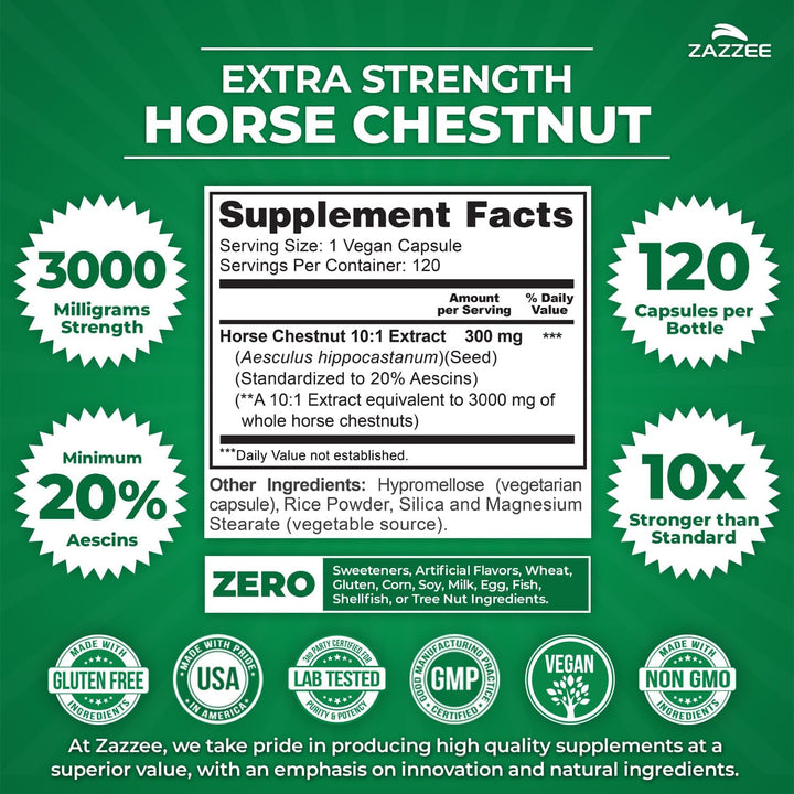 Extra Strength Horse Chestnut 10:1 Extract, 3000 Mg Strength, 20% Aescins, 4 Month Supply, 120 Vegan Capsules, Concentrated and Standardized 10X Extract, All-Natural, Non-Gmo, Made in the USA