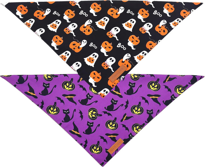 Halloween Dog Bandanas 2 Pack, Reversible Orange Pumpkin Pet Scarf for Boy and Girl, Premium Durable Fabric, Holiday Bandana for Small Medium Large and Extra Large Dogs (Large)