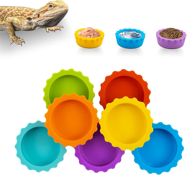7 Pack Crested Gecko Food and Water Bowl,  Reusable Small Reptile Feeding Dish, Gecko Tank Accessories for Hermit Crab, Tarantula, Isopods and Lizard, Silicone Easy Clean & 7 Colors