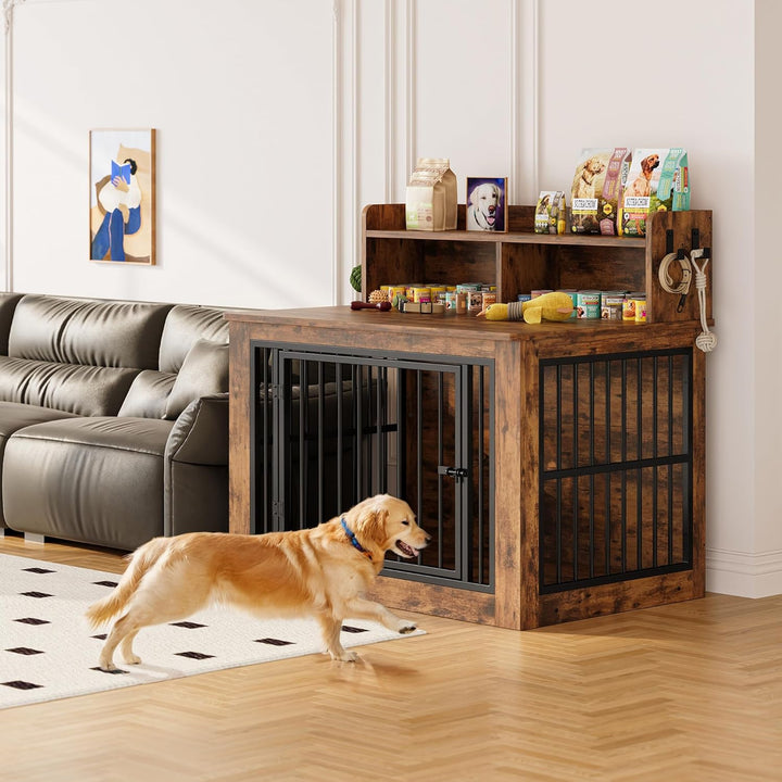 Extra Large Dog Crate Furniture, 43.3 Inches Wooden Dog Crate with Storage and 4 Hooks, Heavy Duty Pet Crate for Large Dog, Decorative Pet Cage for Indoor (30" L X 43.3" W X 41.1" H)