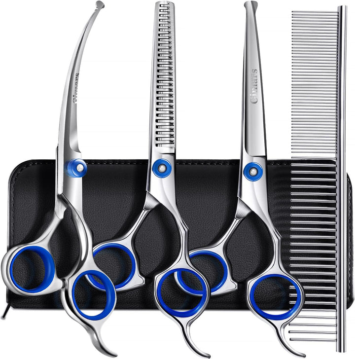 Titanium Coated Professional 6 in 1 4CR Stainless Steel Dog Grooming Scissors with Safety round Tip, Heavy Duty Pet Grooming Scissor for Dogs, Cats and Other Animals