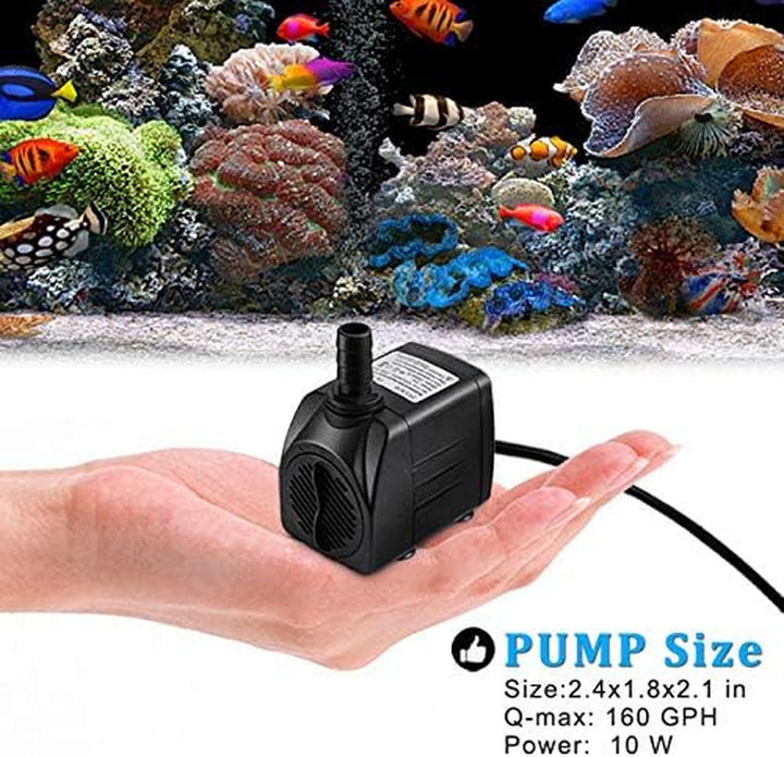Small Fountain Pump, 160GPH Ultra Quiet Submersible Water Pump (600L/H, 10W) with 3.3 Ft Tubing for Aquariums, Fish Tank, Pond Fountain, Statuary, Water Feature, Indoor Fountains