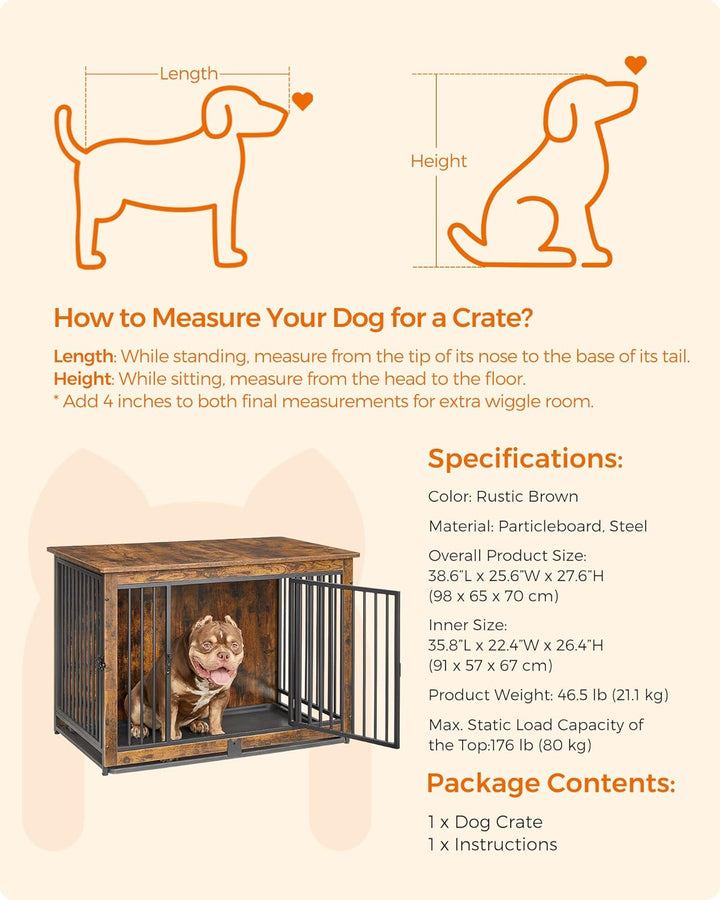 Dog Crate Furniture, 38 Inches Dog Kennel for Dogs up to 70 Lb, with Removable Tray, Heavy-Duty Dog Cage End Table, Double Doors Dog House, Rustic Brown UPFC013X01
