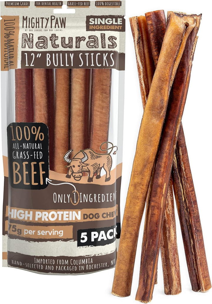 Long Lasting 12" Bully Sticks for Dogs - All Natural Grass Fed Beef Chews. Lower Odor Dog Bully Sticks for Large Dogs, Medium and Small Breeds. Single Ingredient Treats