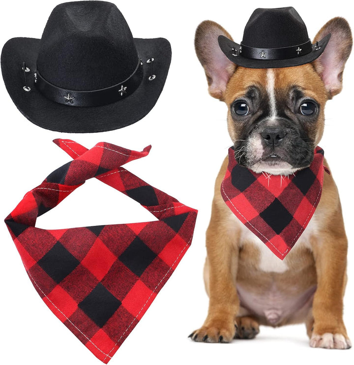 Pet Cowboy Costume Accessories - Dog Cat Pet Size Cowboy Hat and Bandana Scarf West Accessories for Puppy Kitten Party Festival and Daily Wearing Set of 2 (Coffee)