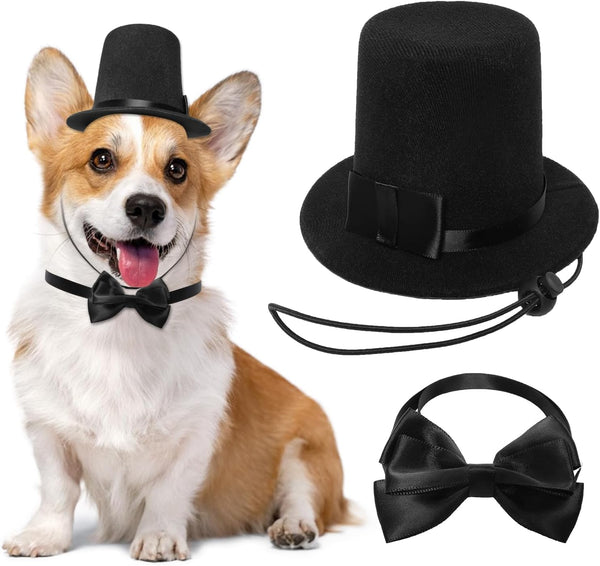 Pet Formal Accessories Set 2 Pcs Dog Costume Top Hat with Formal Pet Tuxedo Bowtie/Necktie Birthday Party Halloween Gradation Christmas Dog Cat Costumes Accessories Black One Size