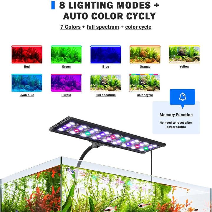 LED Aquarium Light, 24/7 Mode Clip on Fish Tank Light with Memory Function, DIY Mode Full Spectrum Aquarium Plant Light, Adjustable Timer/Brightness, IP68 Waterproof for 16-24 Inch Fish Tank 18W