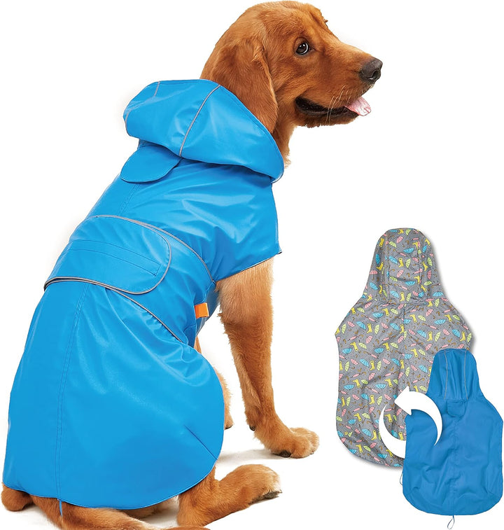 Dog Raincoat Reversible, Single Side Slicker Poncho Adjustable Waterproof Dog Rain Jacket with Leash Hole/Reflective Stripe Hooded Snowproof Windproof Clothes for Small to 3X-Large Dogs, L