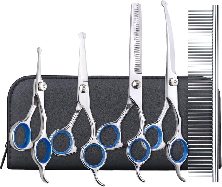 Dog Grooming Scissors with Safety round Tips, Heavy Duty Titanium Pet Grooming Trimmer Kit, Professional Thinning Shears, Curved Scissors with Comb for Dogs and Cats (Set of 3)