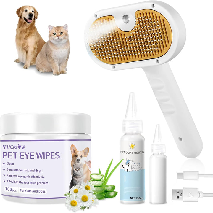 Pet Steam Brush for Dog & Cat – 3-In-1 Spray Hair Removal Comb – Steam for Shedding & Grooming – Water Brush for Long & Short Haired Pets – Spritz Defur Comb – Includes Waterless Shampoo