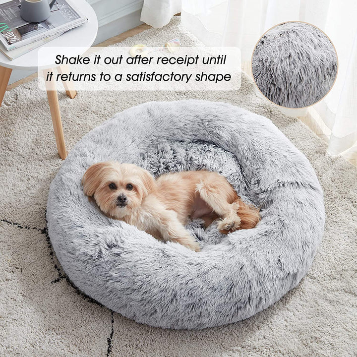 Calming Soft round Dog & Cat Bed, Anti-Anxiety Donut Cuddler Warming Cozy Fluffy Faux Fur Plush Cushion Bed for Small Medium Dogs and Cats (20"/24"/27"/30"), Light Grey