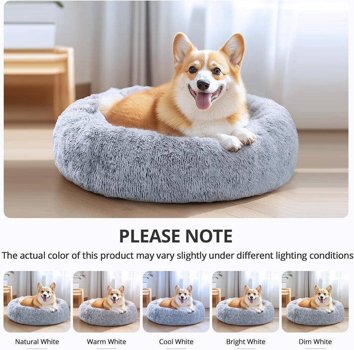 Small Dog & Cat Beds for Indoor Cats, Donut Cuddler Warming Soft Dog Beds with Anti-Slip Bottom, round Calming Fluffy Plush Faux Fur Cushion Bed for Small Medium Dogs (20", Smoke Grey)