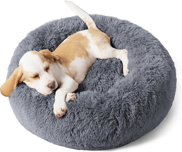 Calming Dog Bed Medium Size Dog - Donut Washable Medium Pet Bed, 30 Inches Anti-Slip round Fluffy Plush Faux Fur Cat Bed, Fits up to 45 Lbs Pets, Camel