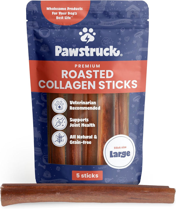 All Natural 11-12" Roasted Collagen Sticks for Dogs – Low Odor & Long-Lasting Bully Stick & Rawhide Alternative, Single Ingredient, Vet Approved – 5 Pack