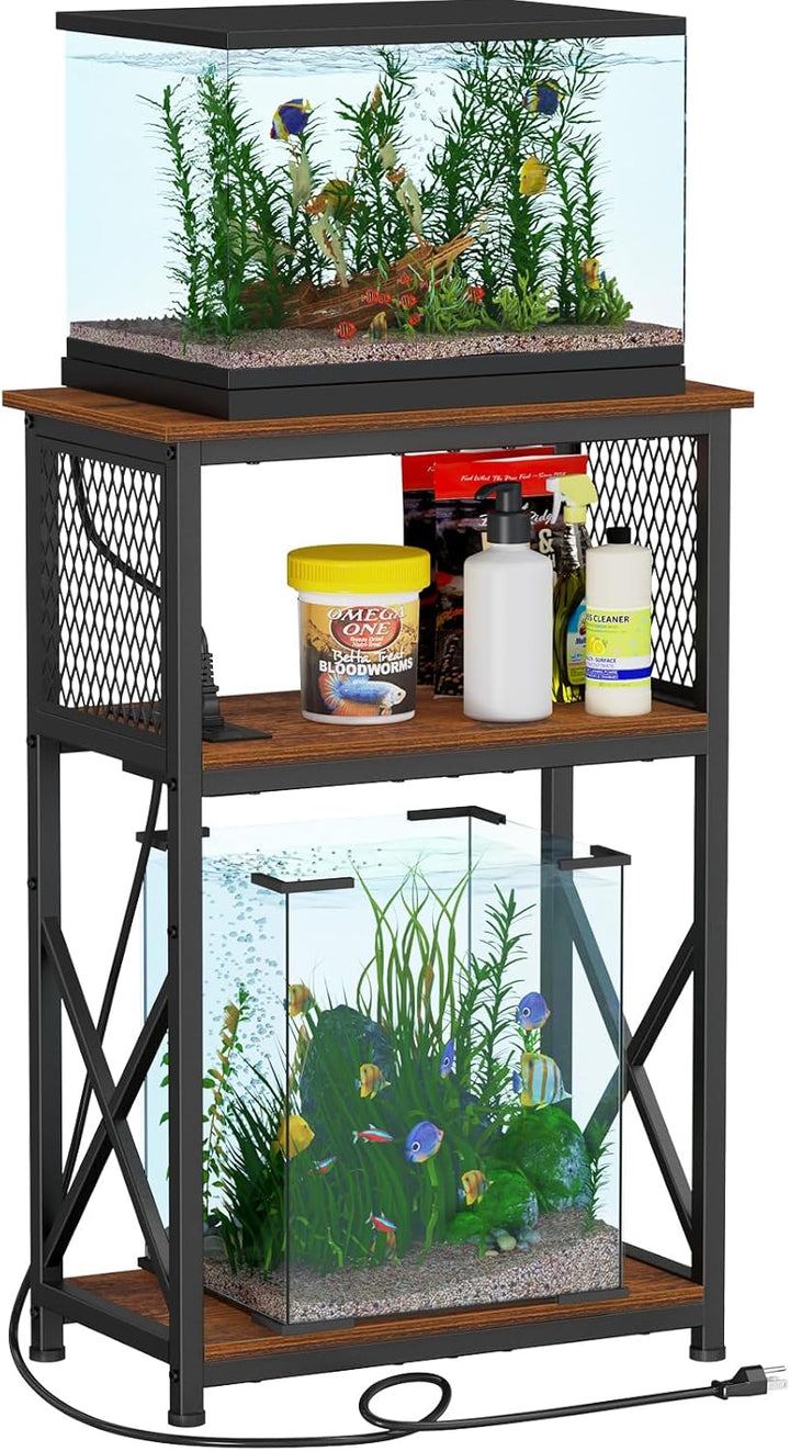 10 Gallon Aquarium Stand with Storage, 3 Tier Heavy Metal Fish Tank Stand Shelf 20.47" X 11.42" X 30.91", Rustic Brown