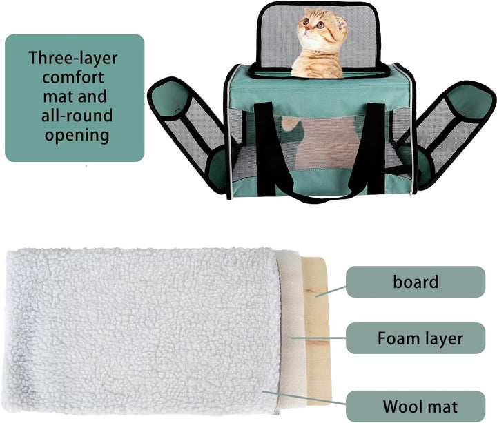 Cat Carrying Case Pet Dog Carrier Soft-Sided Cat Bag Airline Approved, Pet Travel Carrier up to 15 Lbs, Collapsible Cats Carrier Dog Carrier for Medium Small Cats Dogs(17X11X11 Green)
