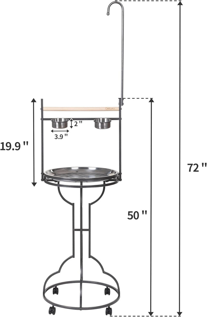 72" Parrot Stand,Stainless Steel Tray Bowls Large Bird Playstand,Parrot Perch with Easy Grip,Wrought Iron Bird Stand with Toy Hook,Macaw Play Gym Ground Stand Rolling Wheel,Pet Gift