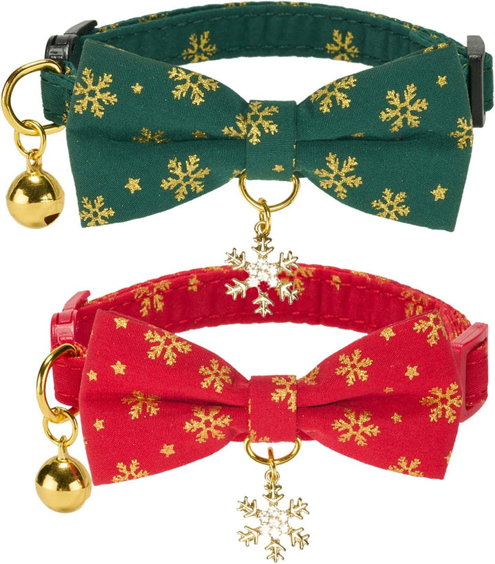 2 Pack Soft Corduroy Cat Collars with Bow Tie & Bell, Adjustable Breakaway Cotton Kitty Bowtie Collar for Girl Boy Kitten (Orange & Green)