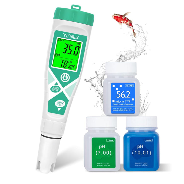 Aquarium Ph Salt Tester, Digital Salinity Meter for Freshwater & Saltwater Fish Tank, Simultaneous Display Salt Ph TDS for Koi Pond, Reef Tank, Aquaponics PPM Ph EC Reader, Hydrometer with S.G. Card