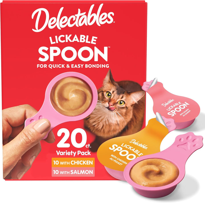 Delectables Lickable Spoon Handheld Wet Cat Treats Made with Real Salmon, Quick & Easy Creamy Puree, Mess Free, Grain-Free, No Added Fillers, No By-Products, No Added Preservatives, Variety Pack, 32Ct