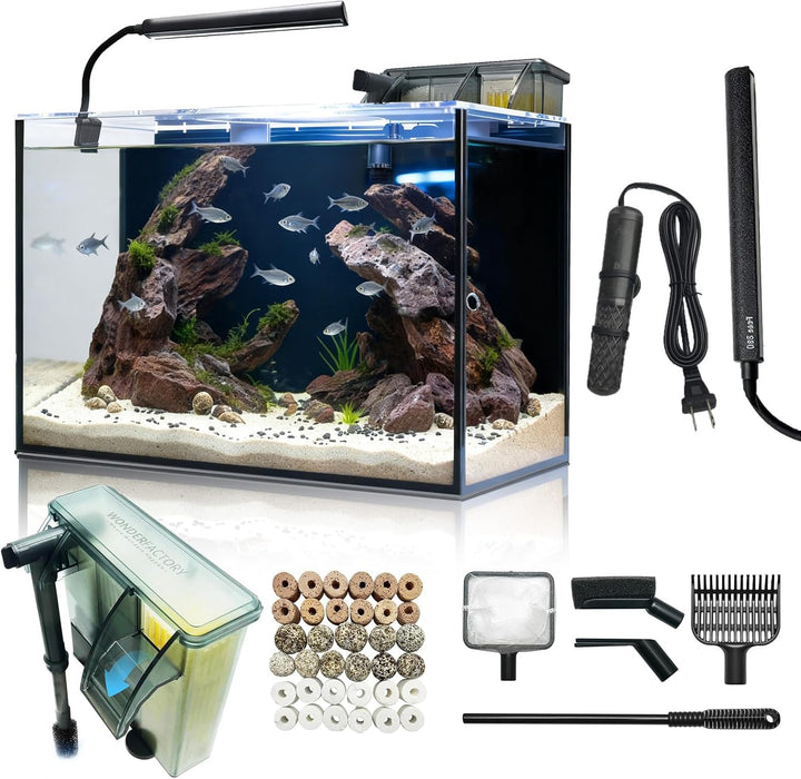 5 Gallon Small Aquarium Set Glass Fish Tank 6 Gallon, Starter Kit with Heater Self Cleaning System Filter Bright Light Rocks Gravel Cleaning Tool, Leak-Proof Clear Rimless Betta Plants