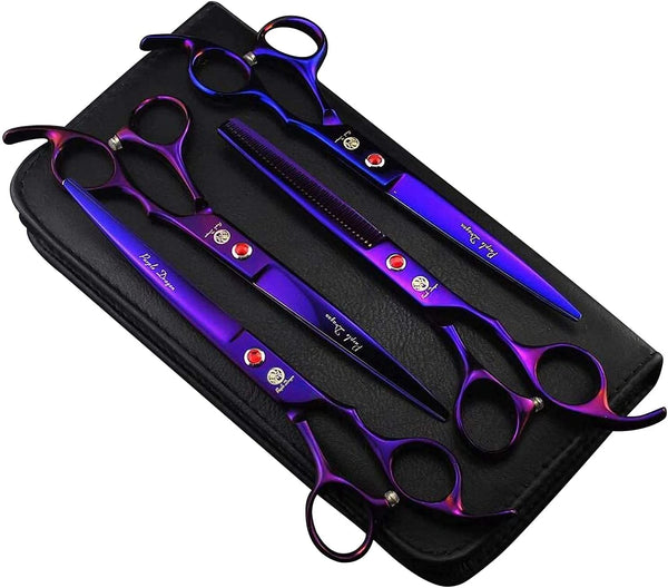 Professional 7.0 Inch 4PCS Pet Grooming Scissors Kit Japan Premium Steel Straight & Curved & Thinning Blade Dog Hair Cutting Shears Set with Case