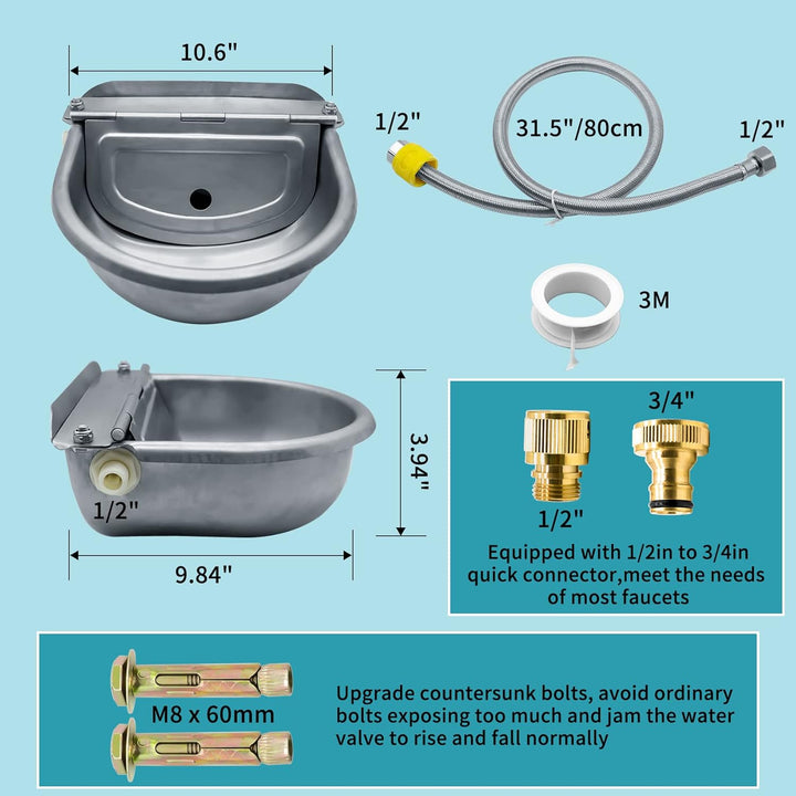 Automatic Animal Drinking Water Bowl, 304 Stainless Steel Waterer for Dog Horse Goat Pig Cow, Livestock Water Trough Dispenser with Pipe Hose, 2 Float Valves, Quick Connecter, Expansion Bolt