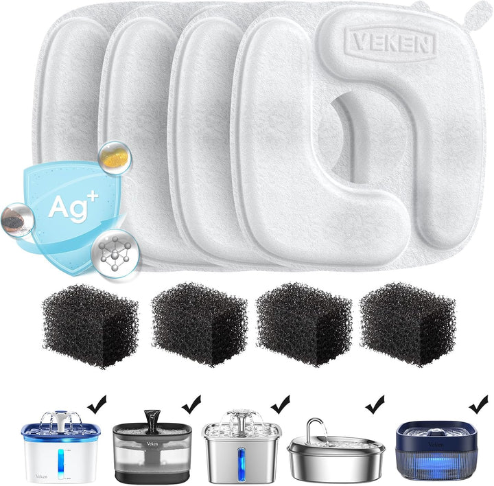Cat Water Fountain Filters, 8 Pack Replacement Filters & 8 Pack Replacement Pre-Filter Sponges Set for 50Oz, 84Oz, 95Oz Automatic Pet Fountain Dog Water Dispenser