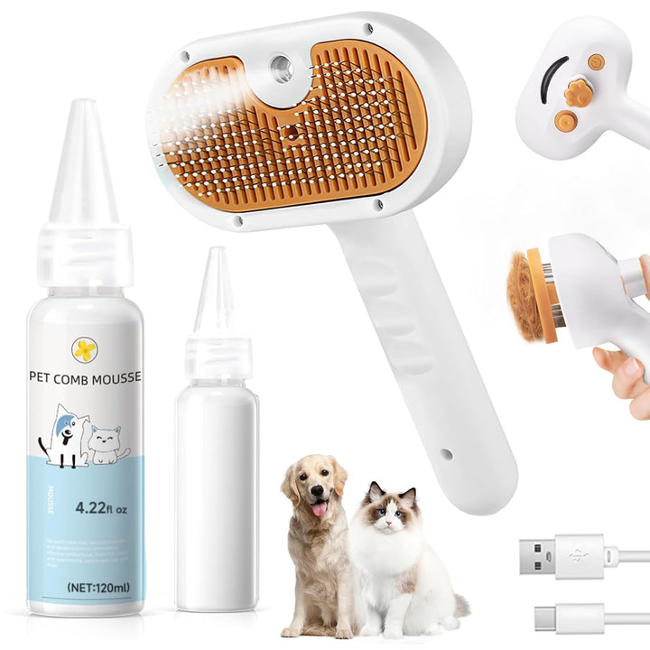 Pet Steam Brush for Dog & Cat - 3-In-1 Steam Grooming Brush for Shedding & Hair Removal - Self Cleaning Spray Comb with Mist for Long Haired Pets - Includes 1*Waterless Shampoo, Blue