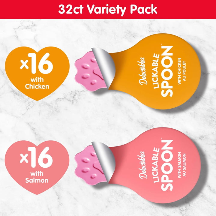Delectables Lickable Spoon Handheld Wet Cat Treats Made with Real Salmon, Quick & Easy Creamy Puree, Mess Free, Grain-Free, No Added Fillers, No By-Products, No Added Preservatives, Variety Pack, 32Ct