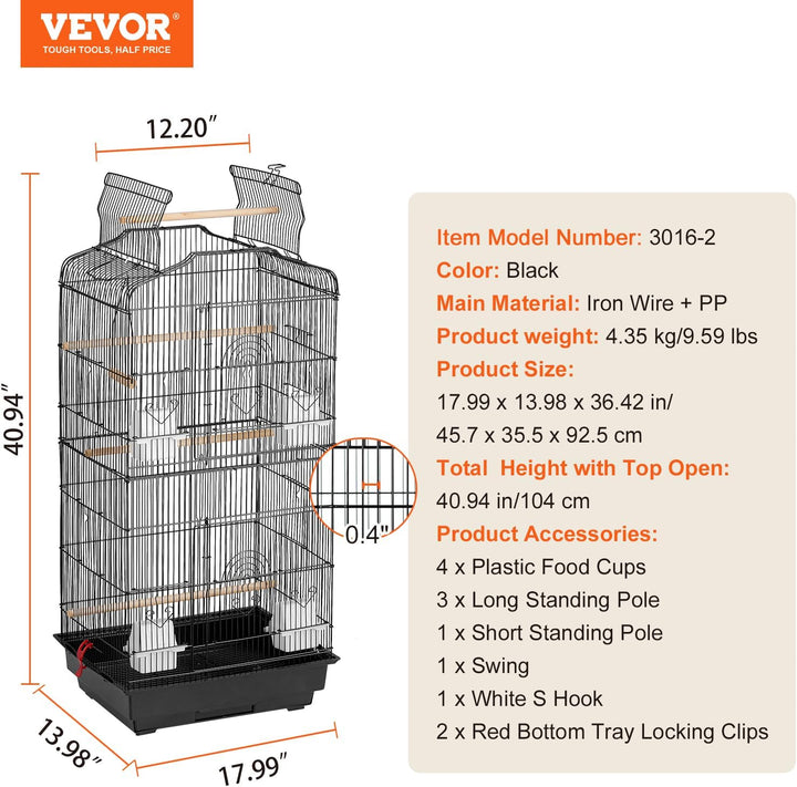 41-Inch Open Top Large Parrot Bird Cage, Hanging Bird Cage for Parakeets Finches Canaries Lovebirds Cockatiels Budgies Small Quaker Conures Travel Pet Flight Birdcage with Swing and Perch