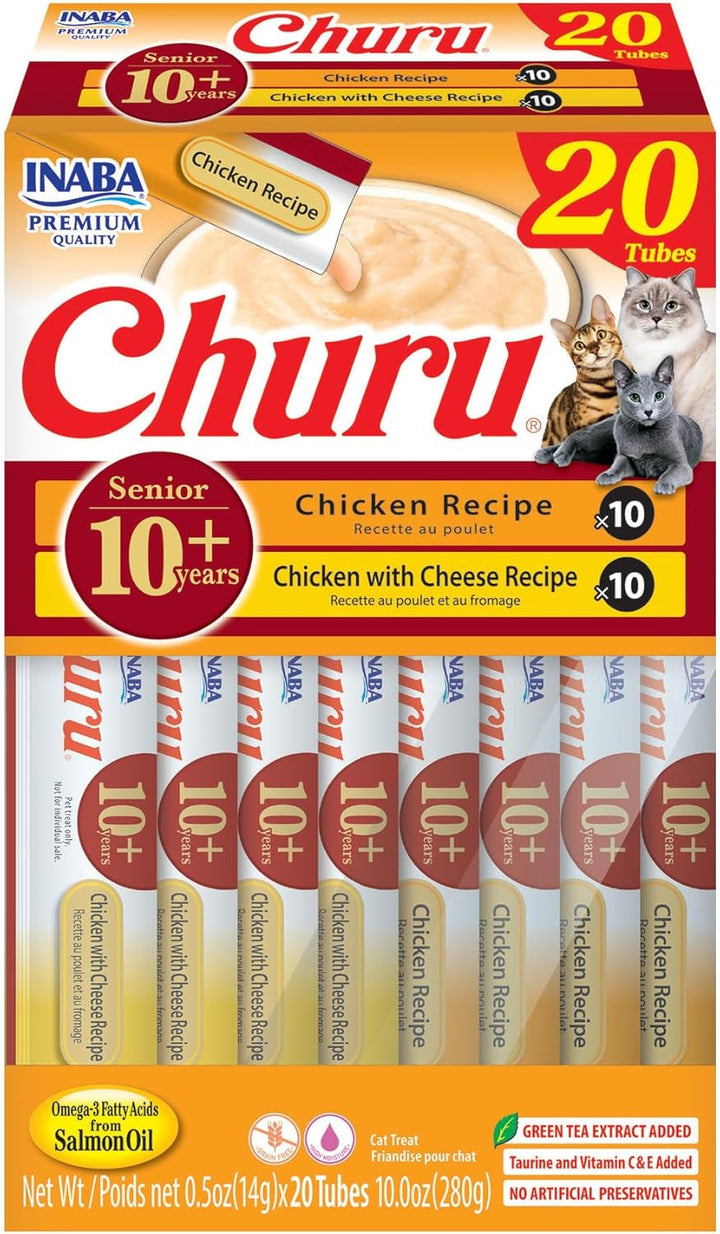Churu for Senior 10+, Creamy Lickable Cat Treats with Taurine, Vitamin E & C, 0.5 Ounces Each, 60 Tubes, Tuna & Chicken Variety
