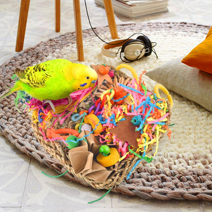 Conure Toys, Bird Grass Mat Parakeet Shredder Hanging Toy Cockatiel Foraging Entertainments Parrot Climbing Wall Chewy Lovebird Cage Playthings for Small to Medium Birds