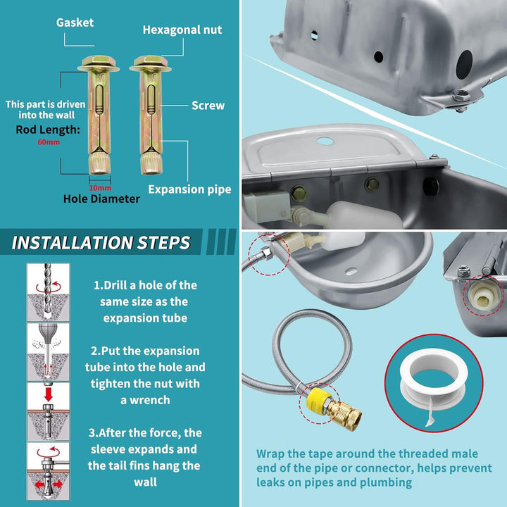 Automatic Animal Drinking Water Bowl, 304 Stainless Steel Waterer for Dog Horse Goat Pig Cow, Livestock Water Trough Dispenser with Pipe Hose, 2 Float Valves, Quick Connecter, Expansion Bolt