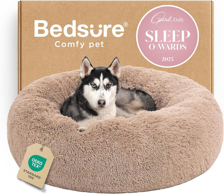 Calming Dog Bed Medium Size Dog - Donut Washable Medium Pet Bed, 30 Inches Anti-Slip round Fluffy Plush Faux Fur Cat Bed, Fits up to 45 Lbs Pets, Camel