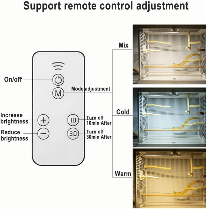 Bird Lighting,Bird Cage Light,Stepless Dimming Timed Light off Dual Use for Charging and Plug-In Three Adjustable Color Temperatures,For Parrot Rabbit Dog Cat Pet Cage