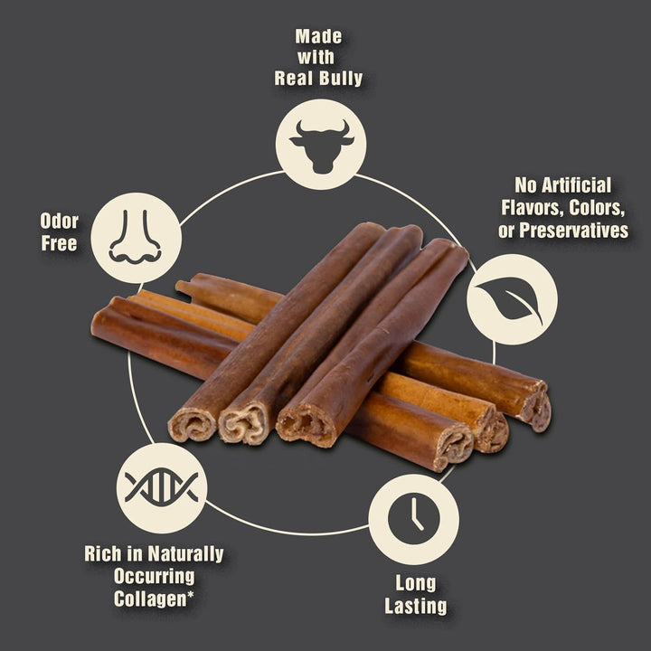 | Natural Beef & Bully Sticks | Long-Lasting, Odor Free, High Protein Chews Made with 100% Real Bully | 4 Count Medium Sticks