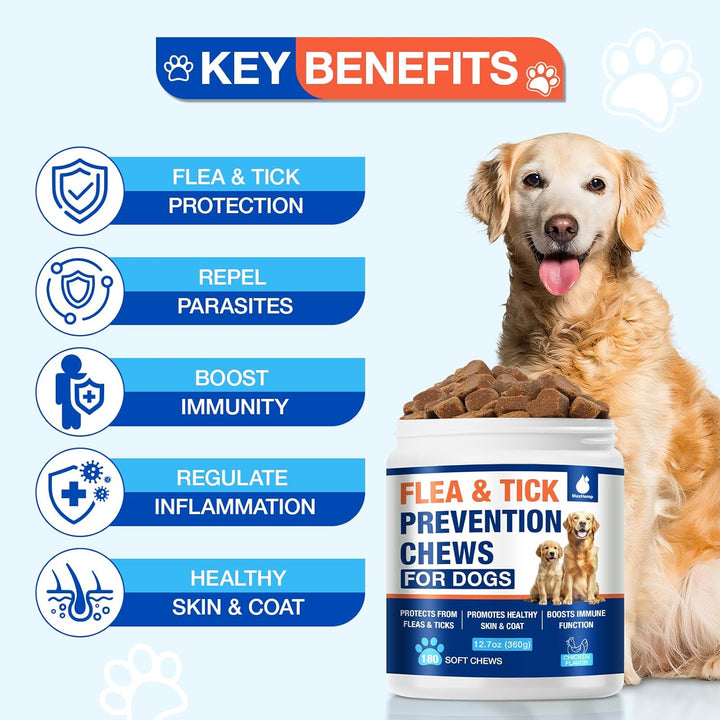 Flea and Tick Prevention for Dogs Chewables, Natural Dog Flea and Tick Treatment, Oral Flea Pills for Dogs Puppy, Skin & Coat Support Supplement - 180 Soft Treat (Chicken Flavor)