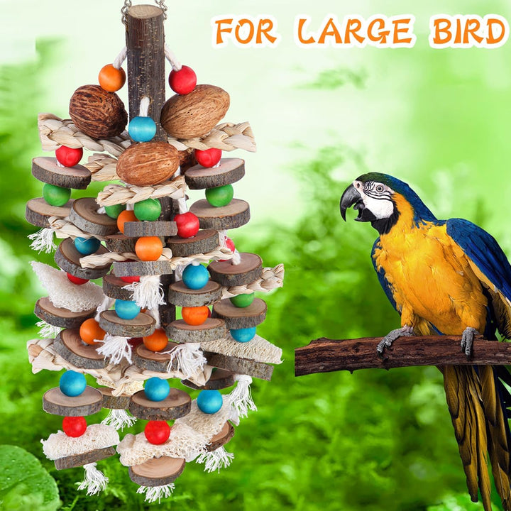 Large Parrot Toys Bird Chewing Toys-Natural Nuts Corn Loofah Wooden Bird Cage Toy for African Grey,Macaws,Conure,Cokatoos,Cockatiel,Amazon Parrots and Other Medium and Small Birds