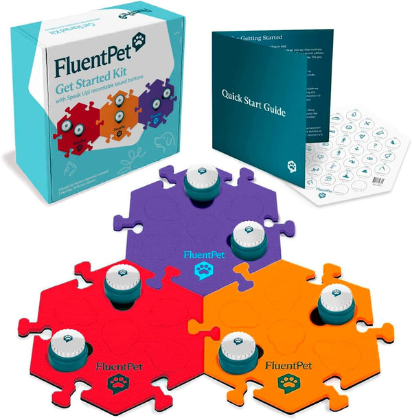 Speak Up! Get Started Kit with Clearer Upward-Facing Sound | 6 Recordable Buttons W/Pre-Installed Batteries & 3 Hextile Button Mats | Training Dog & Cat Communication Buttons