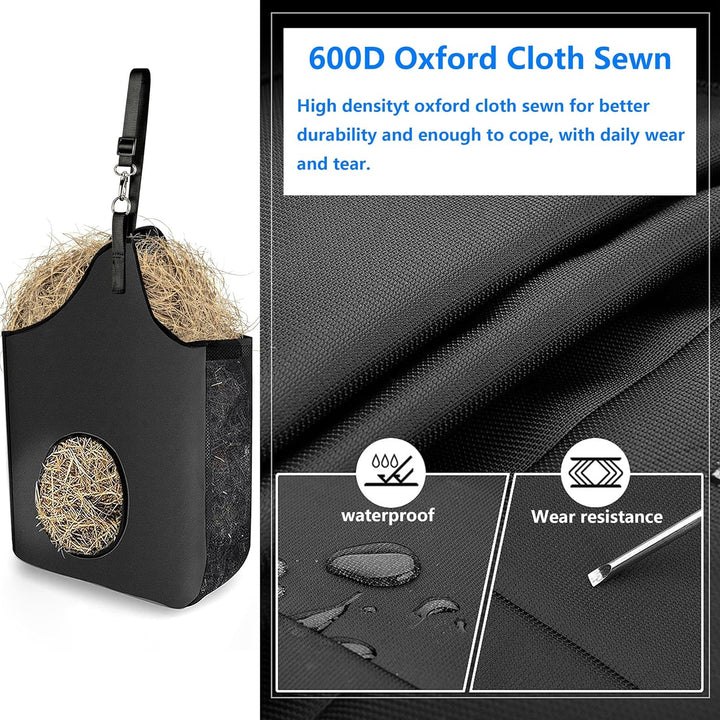 Hay Bag Hanging Goat Feeder Tote Premium Oxford Cloth with Metal Ring and Adjustable Strap for Horses Donkeys Cows Alpacas Ostriches or Other Animals Black