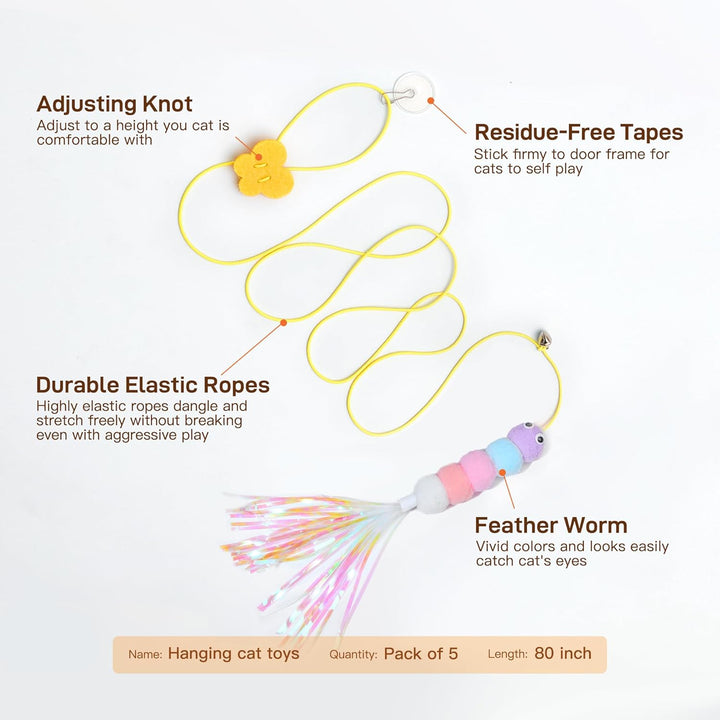 Interactive Cat Feather Toys 5 Pcs, Cat Teaser Retractable Hanging Indoor Kitten Play Chase Exercise, Mental Physical Stimulation for All Breeds and Species