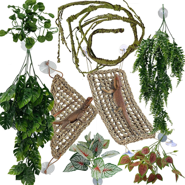 Reptile Plants for Bearded Dragon Tank Accessories, Terrarium Plant Artificial Decor for Snake Cage, Fake Plant for Leopard Gecko Habitat, Lizard Chameleon Ball Pythons (Group BN)