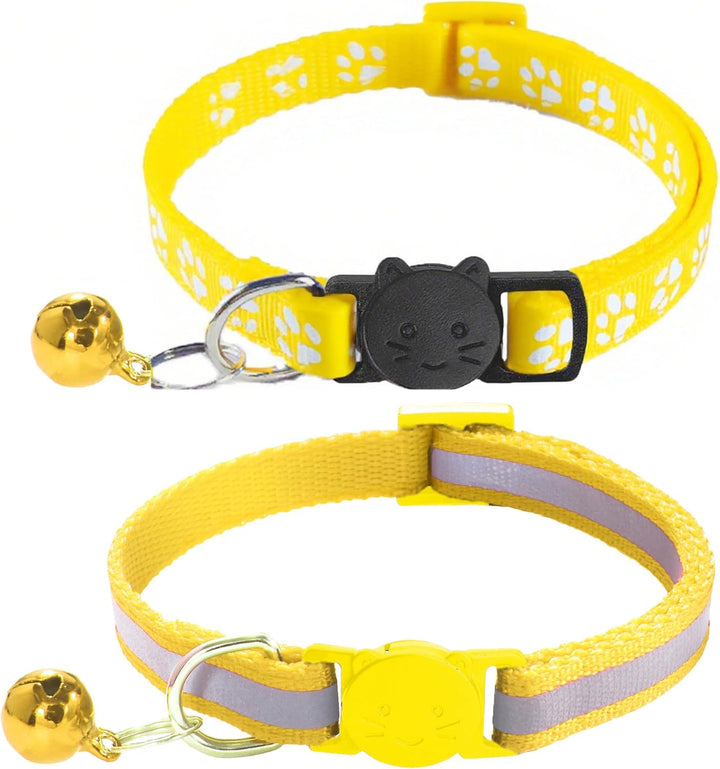 2 Pack Breakaway Cat Collars with Bells, Reflective Design and Claw Print Design, Safety Buckle Kitten Collars Adjustable from 7.5 to 12.5 Inches (Black)