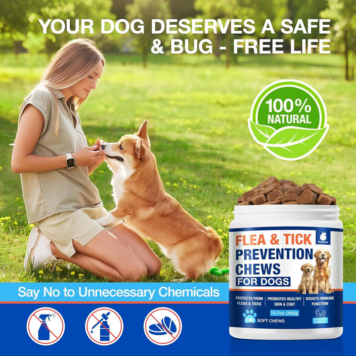 Flea and Tick Prevention for Dogs Chewables, Natural Dog Flea and Tick Treatment, Oral Flea Pills for Dogs Puppy, Skin & Coat Support Supplement - 180 Soft Treat (Chicken Flavor)