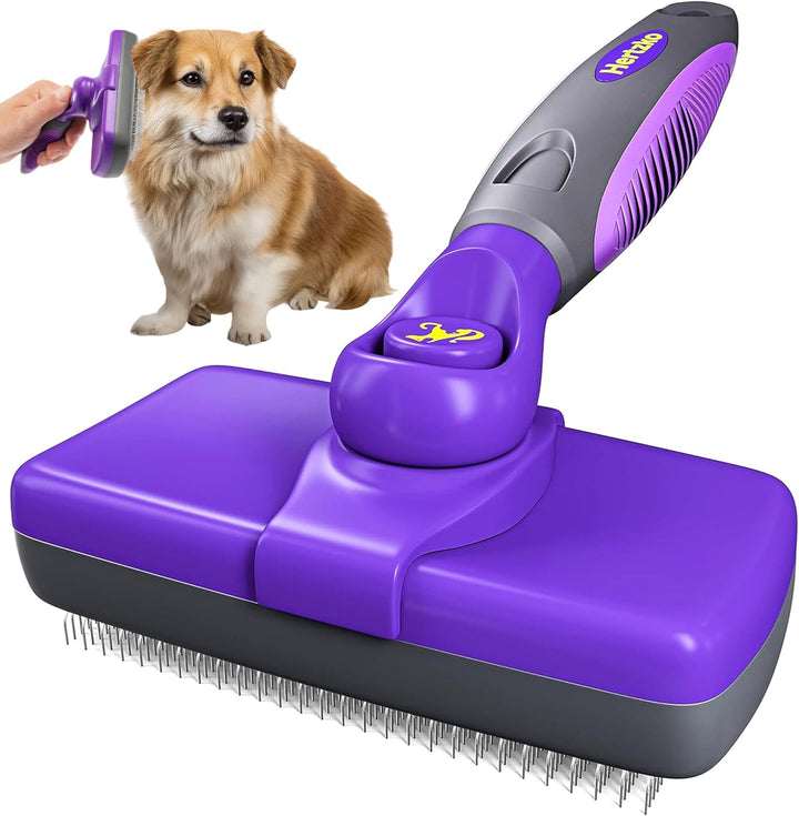 Self Cleaning Slicker Brush for Dogs and Cats - Pet Hair Brush for Shedding Long and Short Hair - Easy Clean Retractable Bristles - Cat and Dog Grooming Tool - Purple