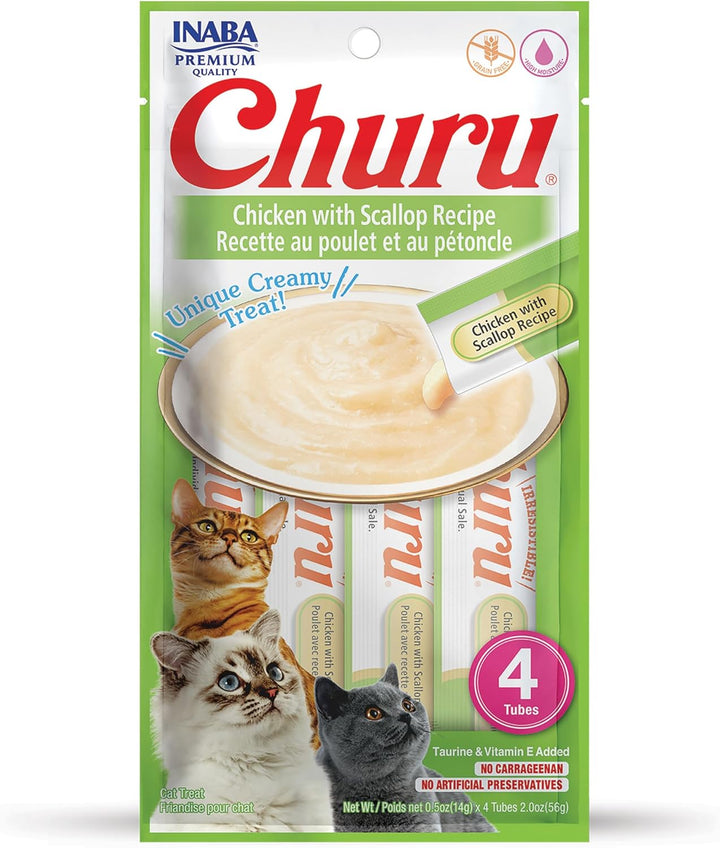 Churu Cat Treats, Grain-Free, Lickable, Squeezable Creamy Purée Cat Treat/Topper with Vitamin E & Taurine, 0.5 Ounces Each Tube, 4 Tubes, Tuna with Salmon Recipe