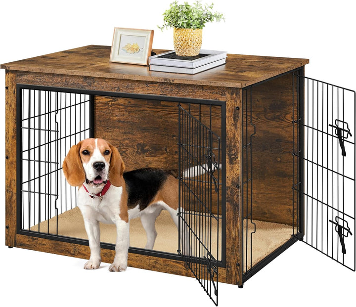27.5'' Dog Crate Furniture with Cushion Wooden Dog Crate with Double Doors/Adjustable Feet Side End Table for Small/Medium Dogs, 27.5" L X 20" W X 24" H