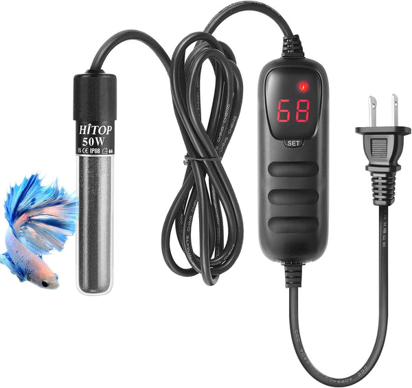 Mini Submersible Aquarium Heater - 50W Digital Heater for Fish Tank Turtle Tank 5-15 Gallon, Saltwater and Fresh Water with Temperature Controller (50W)