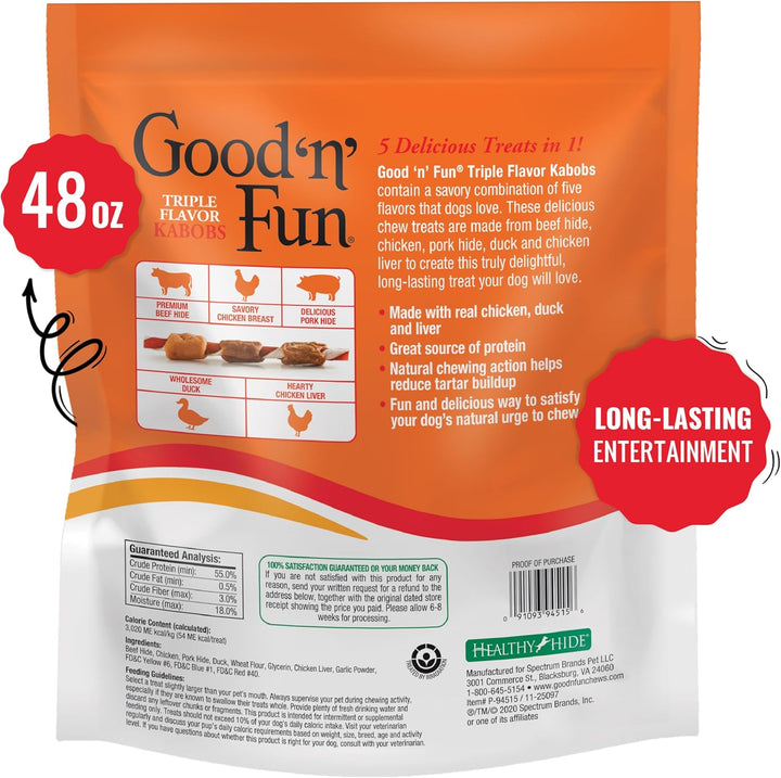 Good ‘N’ Fun Triple Flavor Kabobs Chews for All Dogs, 48 Ounces, Treat Your Dog to Chews Made from Beef Hide, Real Chicken, Pork Hide, Duck and Chicken Liver